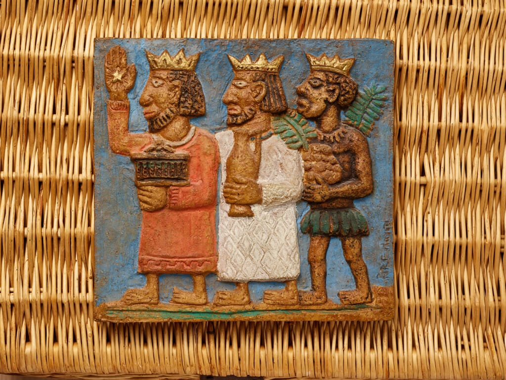 Painted stoneware Wall relief of the Three Wise Men by Åke Holm, Sweden