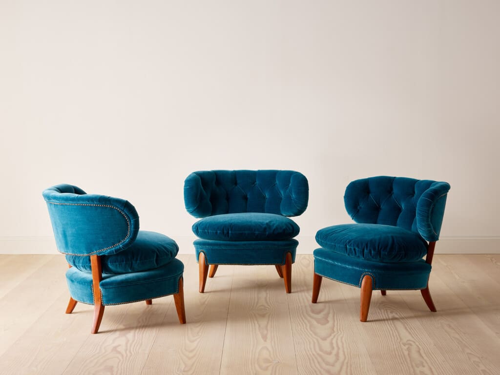Three Otto Schulz lounge chairs in turqouise velvet, Sweden 1940's