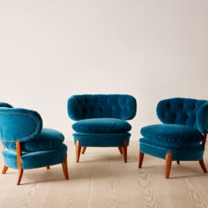 Three Otto Schulz lounge chairs in turqouise velvet, Sweden 1940's